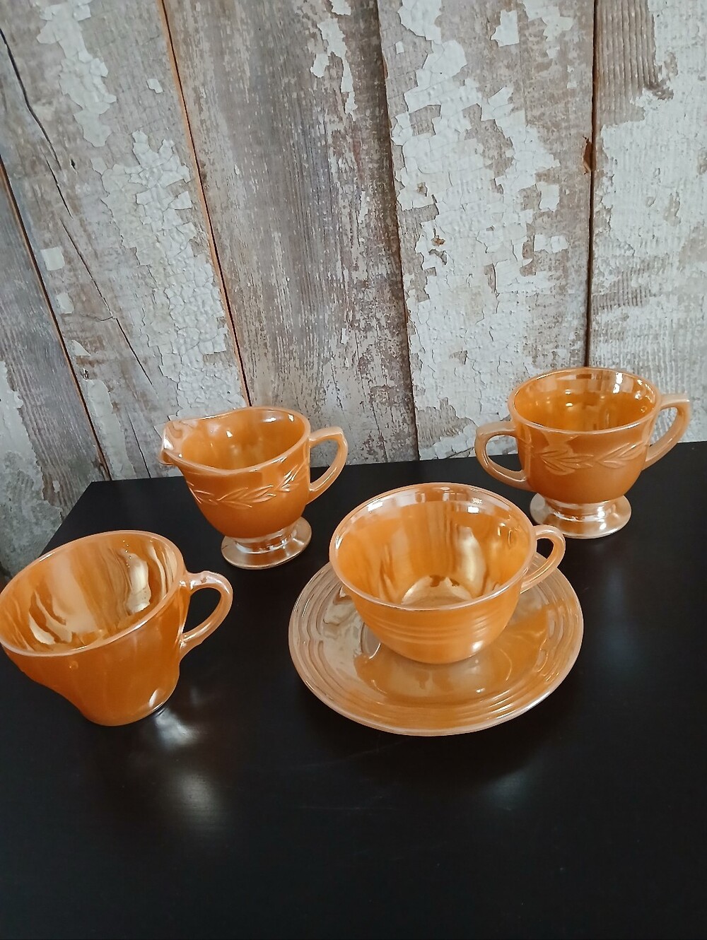Vintage Peach Fireking Milk Glass Creamer/Sugar Bowl/ Tea And Saucer  Set